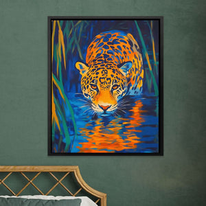 Leopard Stalking the Waters - Blue Wall Art for Living Room