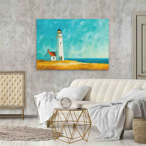 Lighthouse Hilltop - Beach House Wall Art in Black Frame