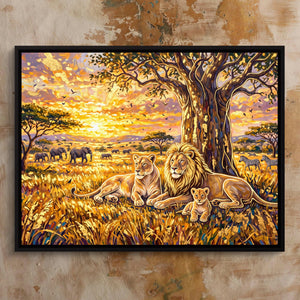 Lion Family Sunset โ lion family sunset sq bed 1 clay beige 1land framed black