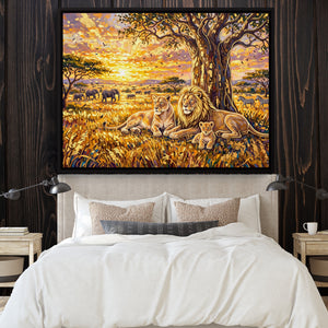 Lion Family Sunset โ lion family sunset sq bedroom with wood walls 1land framed black