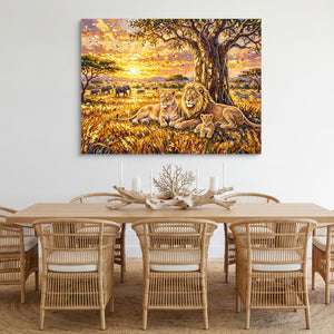 Lion Family Sunset โ lion family sunset sq cozy dining room 1land flush print