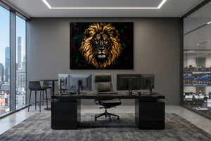 Lion Gilded Majesty โ lion gilded majesty office desk with monitors 1land flush print