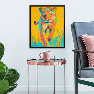 Lioness Fierce Stride - Big Cat Wall Art in Black Frame
