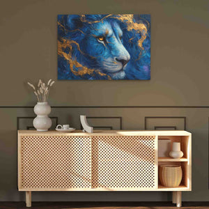 Lion's Peaceful Reign - Blue Wall Art for Dining Room