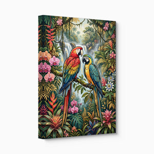 Macaws Jungle Waterfall โ macaws jungle waterfall angled flush print