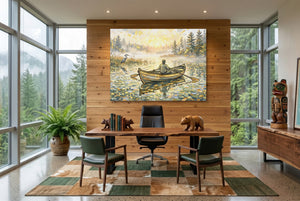Man Rowing Sunrise โ man rowing sunrise office with wooden desk 1land flush print