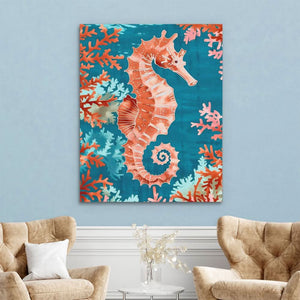 Marine Seahorse - Coral Wall Art in Black Frame