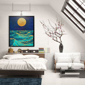 Moonlit Wave Serenade - Coastal Wall Art in Black Frame