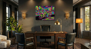 Motorcycle Neon Flash โ motorcycle neon flash office interior with desk 1land flush print