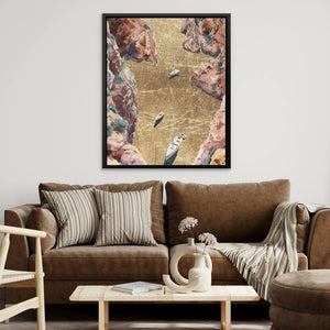Mountain River of Gold - Boat Wall Art in Black Frame