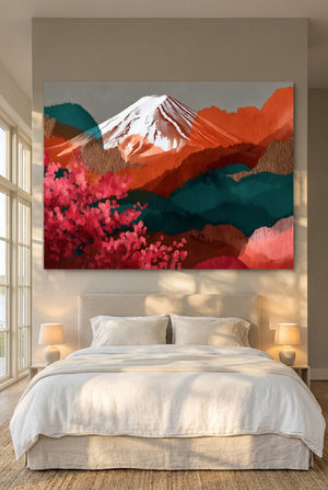 Mt. Fuji Crimson Blossom โ mt. fuji crimson blossom p bedroom with window 1land flush print