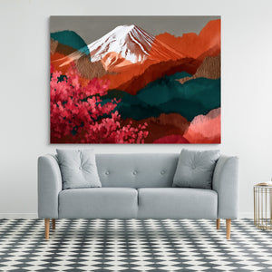 Mt. Fuji Crimson Blossom โ mt. fuji crimson blossom sq checkered floor 1land flush print