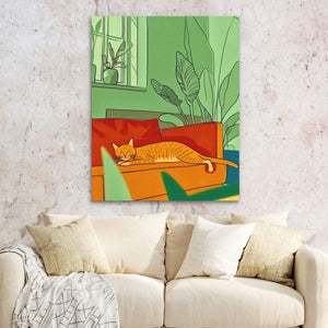 Napping Cat - Green Canvas Wall Art