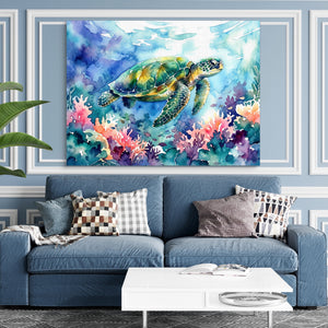 Ocean Turtle Swim โ ocean turtle swim sq blue room and walls 1land flush print