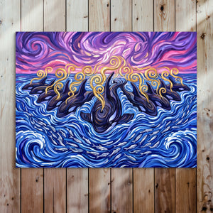 Orcas Sunset Hunt โ orcas sunset hunt sq bed 2 wood panel 1land flush print