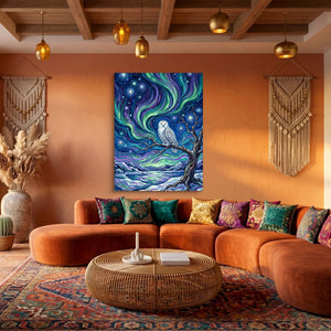 Owl Beneath Auroras โ owl beneath auroras sq boho living 1port flush print