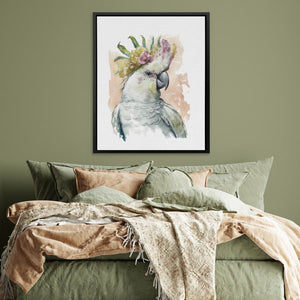 Parrot With Pink Flower - Bird Wall Art in Black Frame