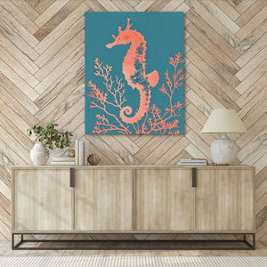 Peach Seahorse - Modern Teal Canvas Wall Art
