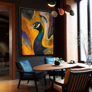 Peacock Gold Maximalist canvas wall art, room view