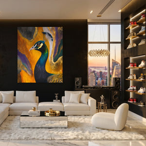 Peacock Gold Maximalist canvas wall art, room view