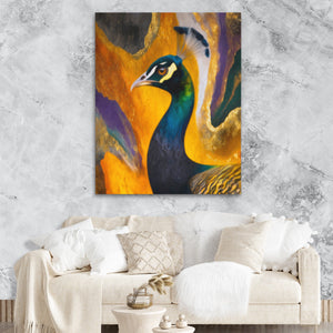 Peacock Gold Maximalist canvas wall art, room view