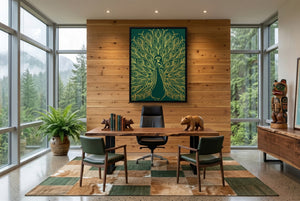 Peacock Golden Emerald โ peacock golden emerald office with wooden desk 1port framed black