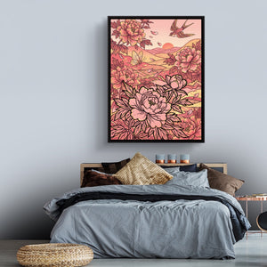 Peonies Golden Sunset — peonies golden sunset sq land comfortable bedroom 1port framed black