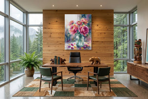 Peonies Watercolor Still โ peonies watercolor still office with wooden desk 1port flush print