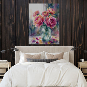 Peonies Watercolor Still โ peonies watercolor still sq bedroom with wood walls 1port flush print