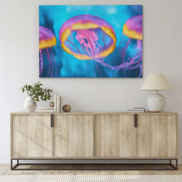 Pink and Blue Jellyfish in a room