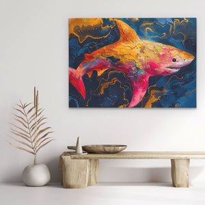 Pink and Gold Shark - Sea Life Wall Art in Black Frame