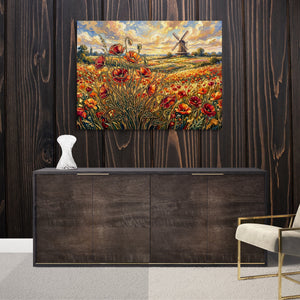 Poppies Golden Windmill — poppies golden windmill sq luxurious room wood walls 1land flush print