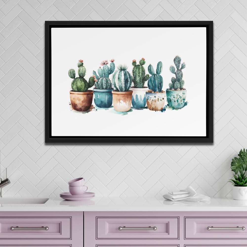Potted Cacti Plants - Cactus Wall Art in Black Frame
