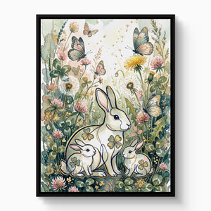 Rabbits Clover Meadow โ rabbits clover meadow white studio framed black