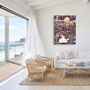 Rabbits Golden Night โ rabbits golden night sq malibu beach 1port flush print