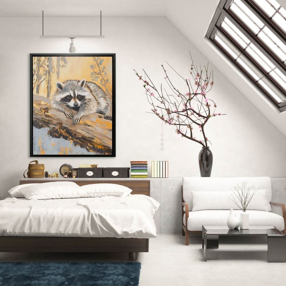 Resting Raccoon - Cabin Wall Art in Black Frame
