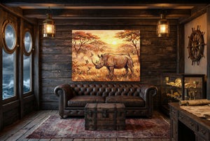 Rhino Savannah Sunset โ rhino savannah sunset small cabin interior view 1land flush print