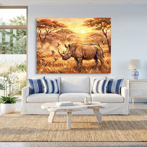 Rhino Savannah Sunset โ rhino savannah sunset sq beach house 1land flush print
