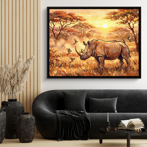 Rhino Savannah Sunset โ rhino savannah sunset sq black couch and wood walls 1land framed black