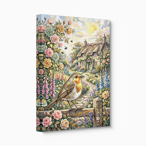 Robin Garden Cottage โ robin garden cottage angled flush print