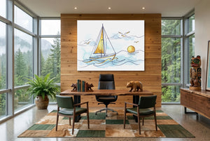 Sailboat Golden Sunrise โ sailboat golden sunrise office with wooden desk 1land flush print