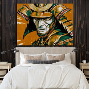 Samurai Golden Hour โ samurai golden hour sq bedroom with wood walls 1land flush print