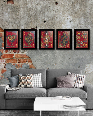 Samurai Hearts Royal Flush all five framed in a row on an industrial brick wall