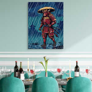 Samurai Rainy Vigil โ samurai rainy vigil sq teal dining room 1port flush print
