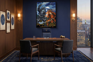 Samurai Wolves Clash โ samurai wolves clash office with city view 1port framed black
