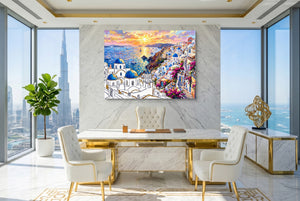 Santorini Sunset Glow โ santorini sunset glow office with city view 2 1land flush print