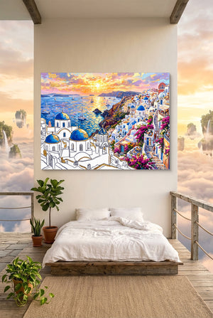 Santorini Sunset Glow โ santorini sunset glow p bedroom with view 1land flush print