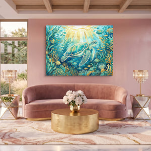 Sea Turtle Golden Ocean โ sea turtle golden ocean sq pink pleasure 1land flush print