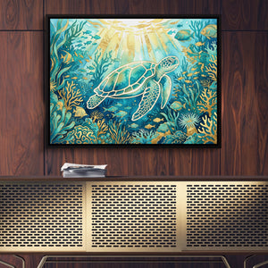 Sea Turtle Golden Ocean โ sea turtle golden ocean sq luxury wood wall close 1land framed black