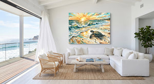 Sea Turtle Sunrise โ sea turtle sunrise beachside villa 1land flush print